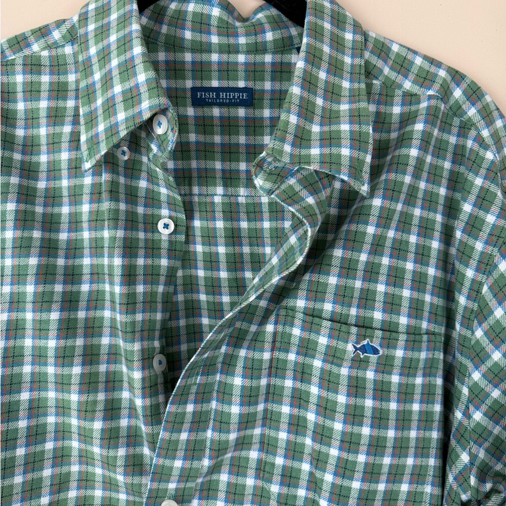 Men’s Fish Hippie Classic Green Plaid Men's Casual Shirt - Picture 2 of 3